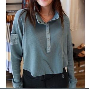 Free People Teal Button-Up Sweatshirt
